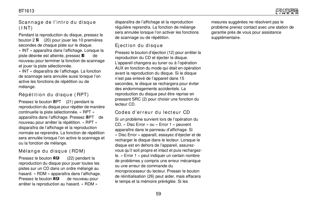 Jensen BT1613 Scannage de l’intro du disque INT, Répétition du disque RPT, Mélange du disque RDM, Ejection du disque 