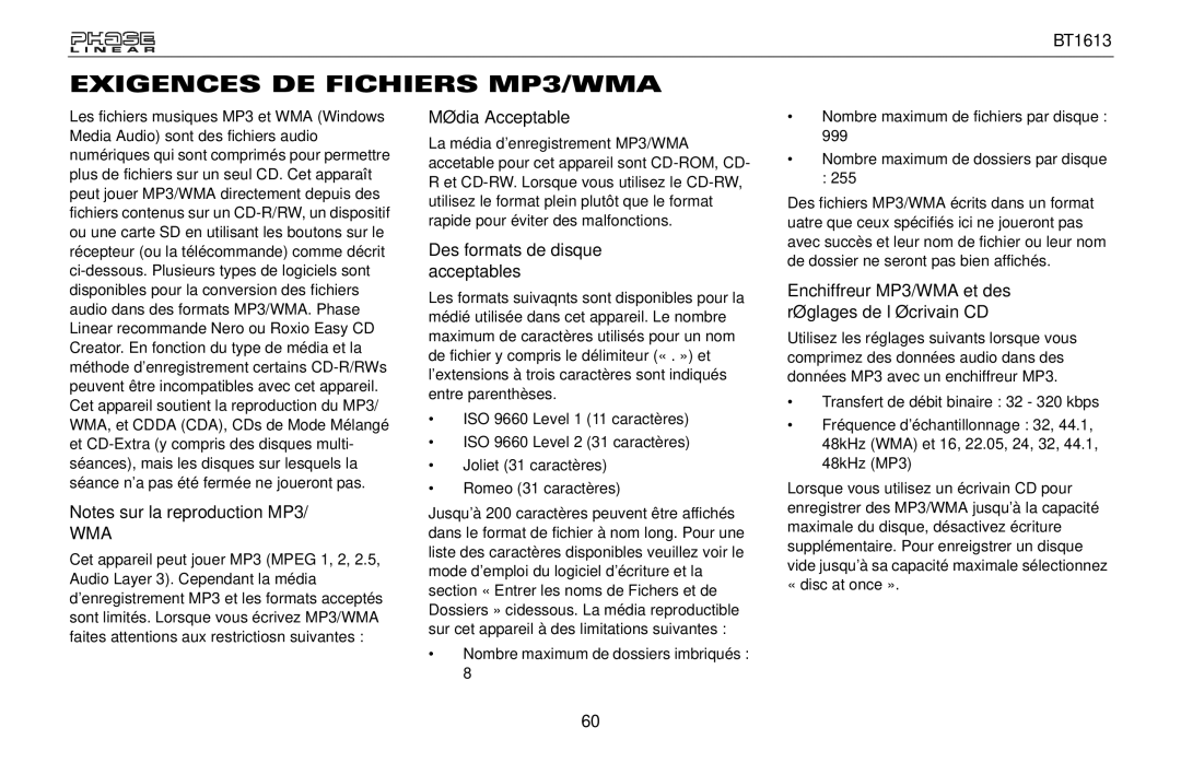 Jensen BT1613 owner manual Exigences DE Fichiers MP3/WMA, Média Acceptable, Des formats de disque acceptables 