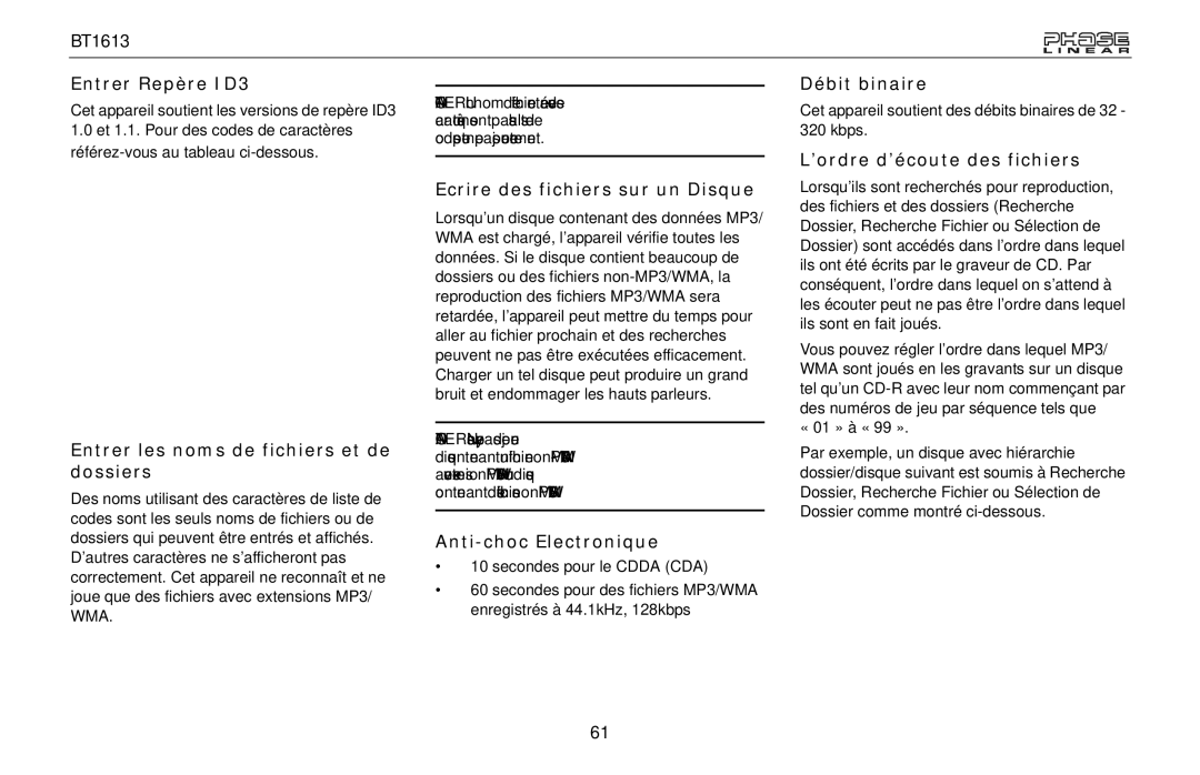 Jensen BT1613 owner manual Entrer Repère ID3, Entrer les noms de fichiers et de dossiers, Ecrire des fichiers sur un Disque 