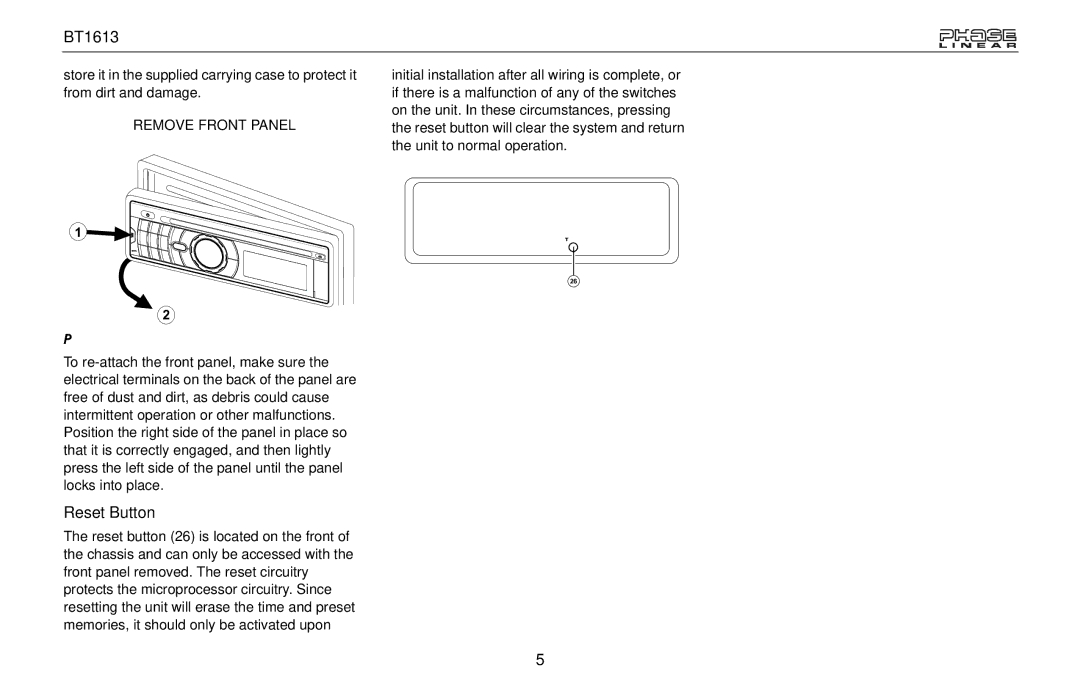 Jensen BT1613 owner manual Reset Button, Re-attaching the Front Panel 