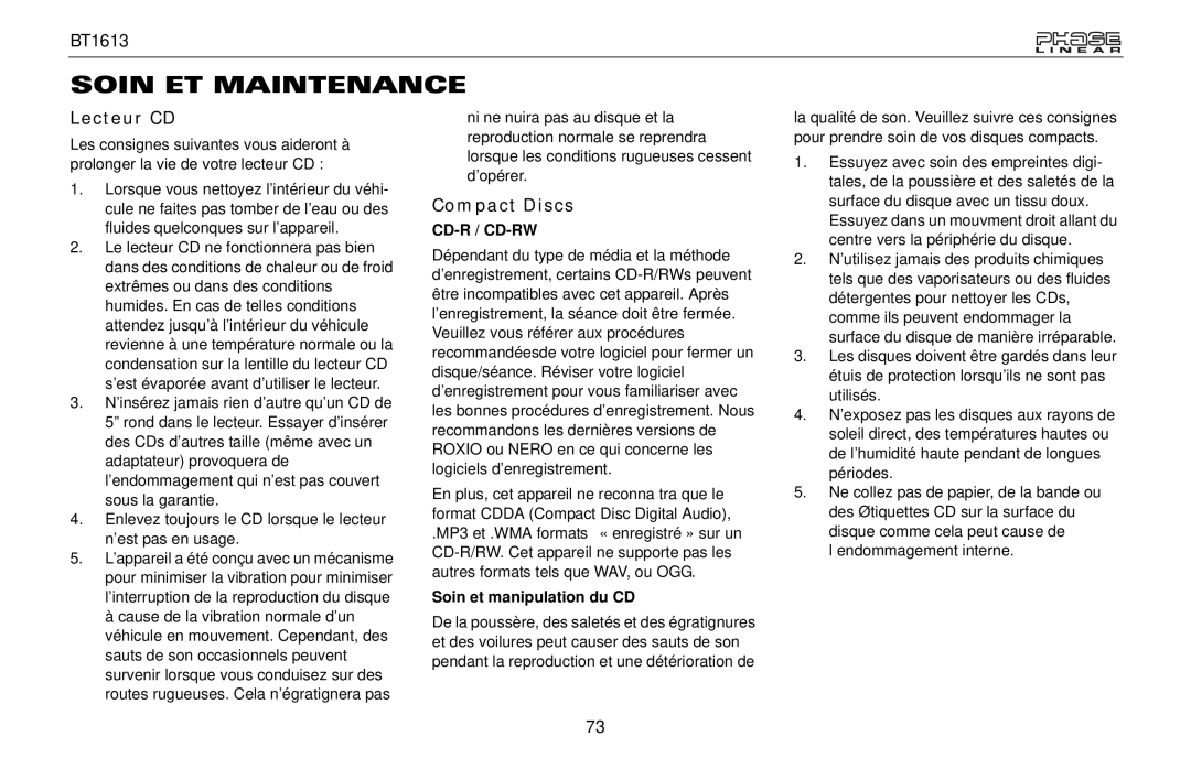 Jensen BT1613 owner manual Soin ET Maintenance, Lecteur CD, Soin et manipulation du CD 