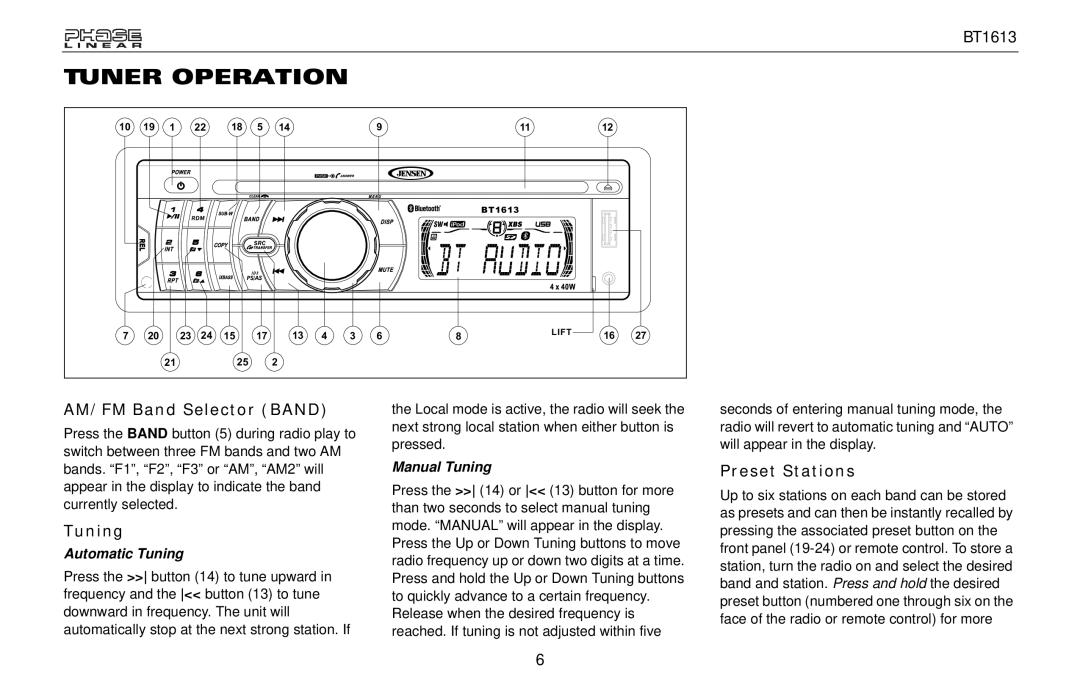 Jensen BT1613 owner manual Tuner Operation, AM/FM Band Selector Band, Tuning, Preset Stations 