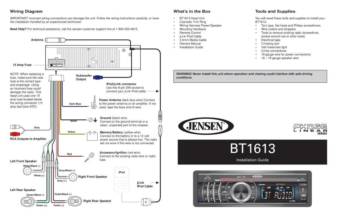 Jensen BT1613 owner manual Wiring Diagram, What’s in the Box Tools and Supplies 