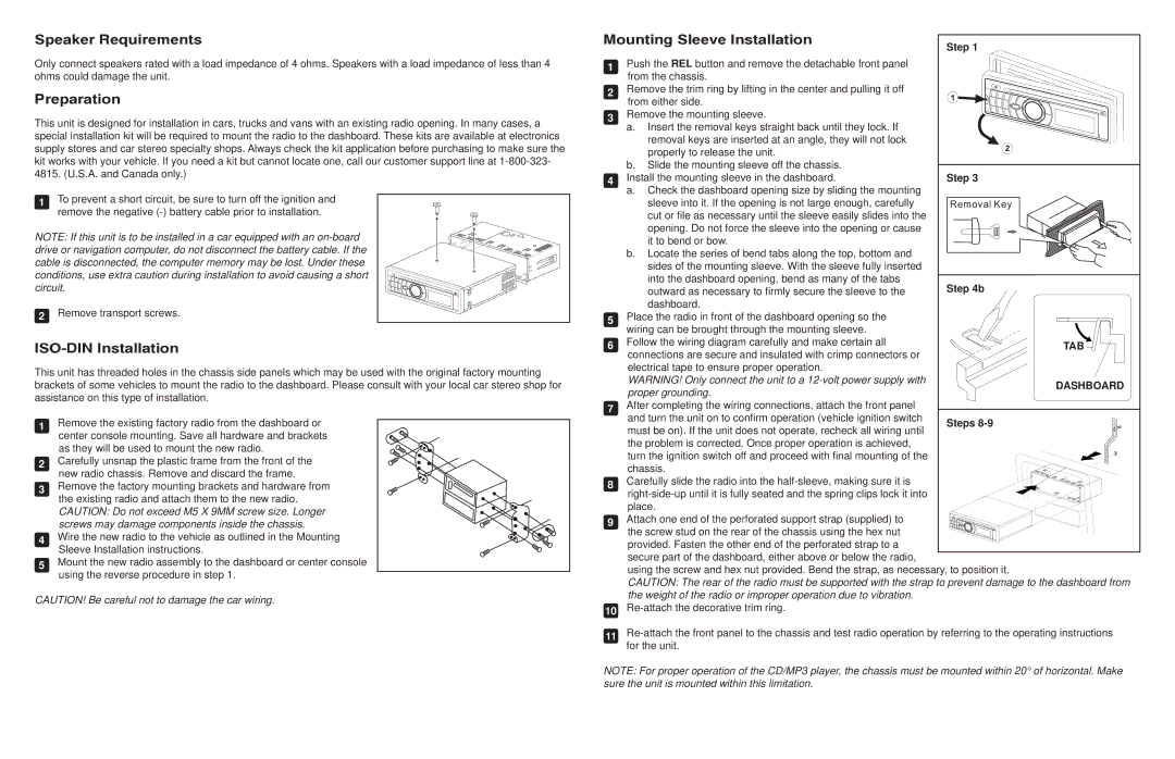 Jensen BT1613 owner manual Speaker Requirements, Preparation, ISO-DIN Installation, Mounting Sleeve Installation 