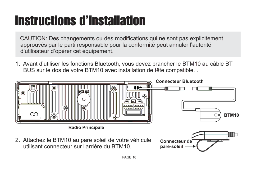 Jensen BTM10 owner manual Instructions d’installation 