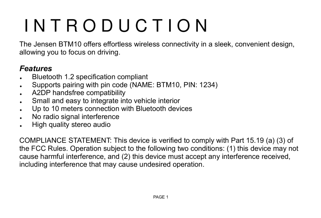 Jensen BTM10 owner manual Introduction 