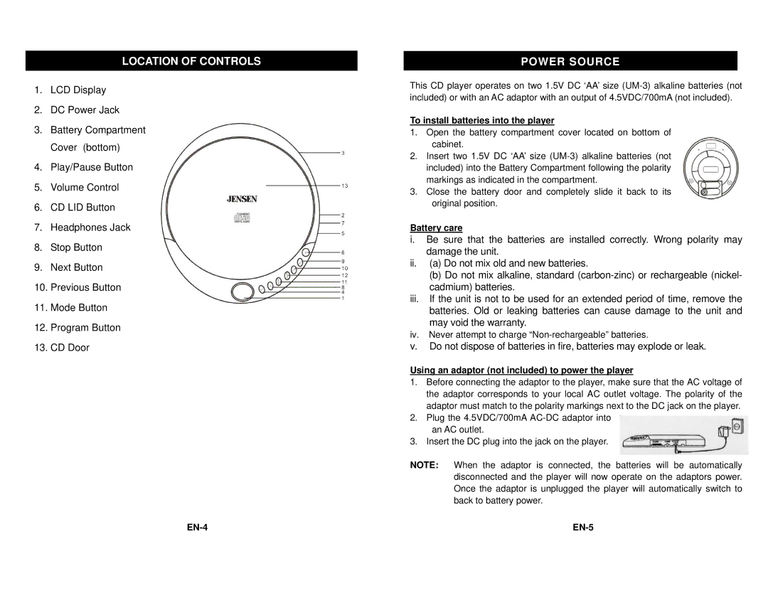 Jensen CD-36 instruction manual Location of Controls, Power Source 