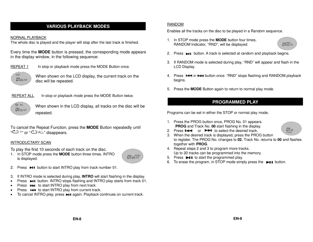 Jensen CD-36 instruction manual Various Playback Modes, Programmed Play, EN-8 EN-9 