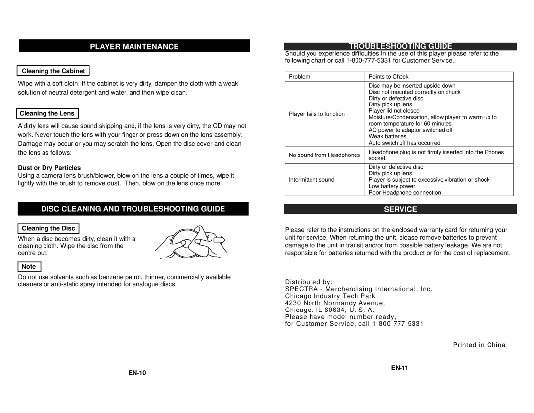 Jensen CD-36 instruction manual Player Maintenance, Disc Cleaning and Troubleshooting Guide, Service 