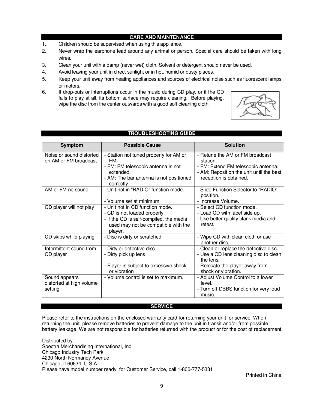 Jensen CD-472 user manual Care and Maintenance, Troubleshooting Guide, Symptom Possible Cause Solution, Service 