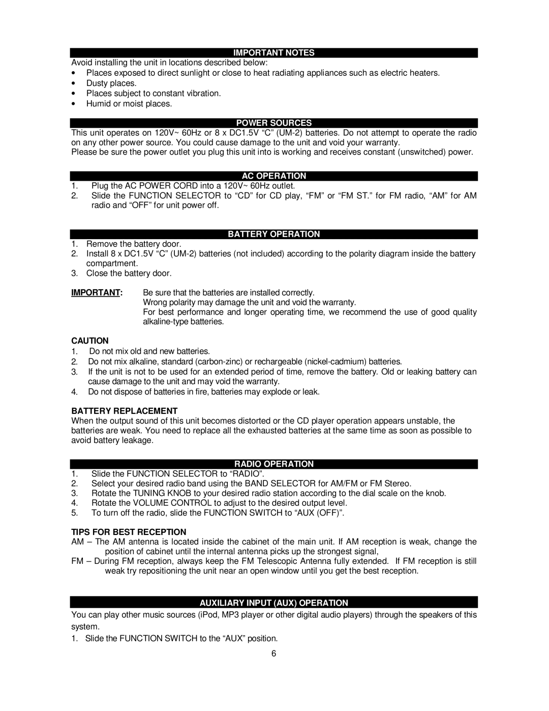 Jensen CD-472 user manual Important Notes, Power Sources, AC Operation, Battery Operation, Radio Operation 