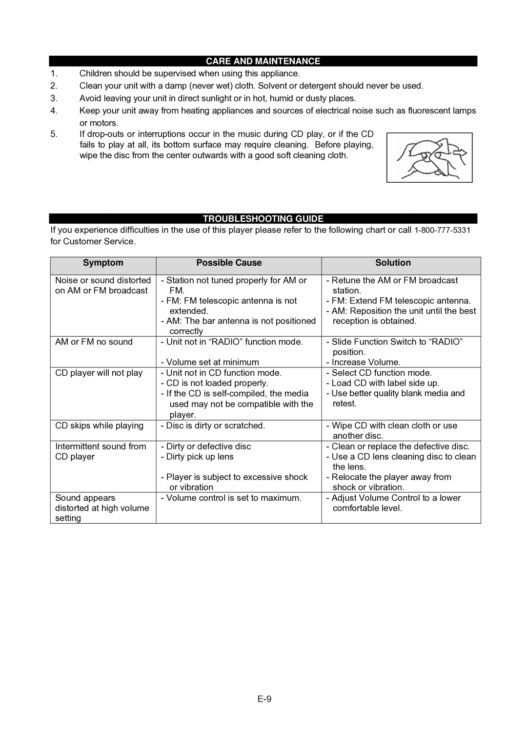 Jensen CD-480 user manual Care and Maintenance, Troubleshooting Guide, Symptom Possible Cause Solution 