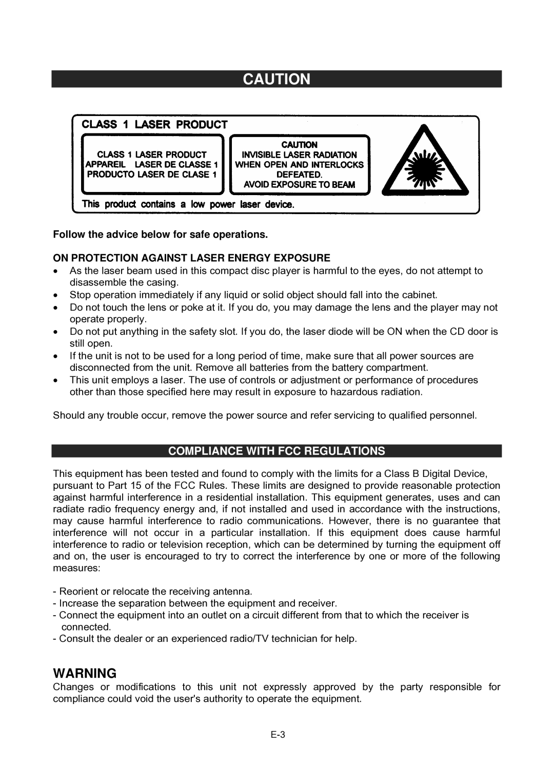 Jensen CD-480 user manual Compliance with FCC Regulations, On Protection Against Laser Energy Exposure 