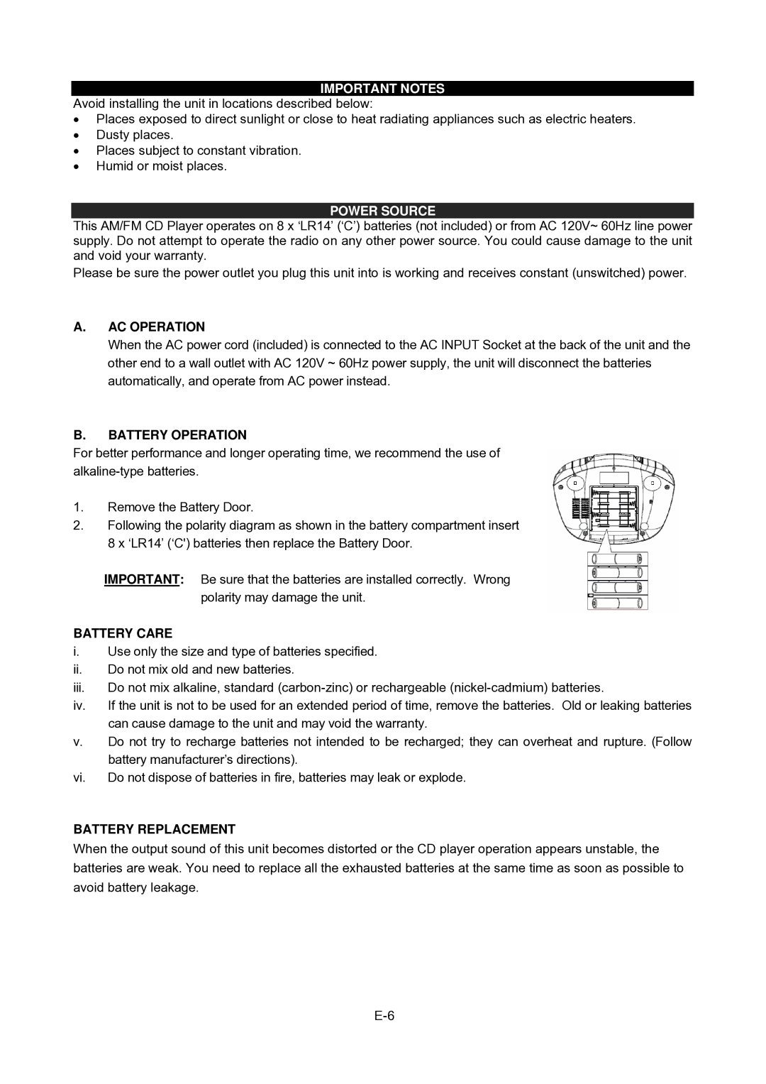 Jensen CD-480 user manual Important Notes, Power Source 