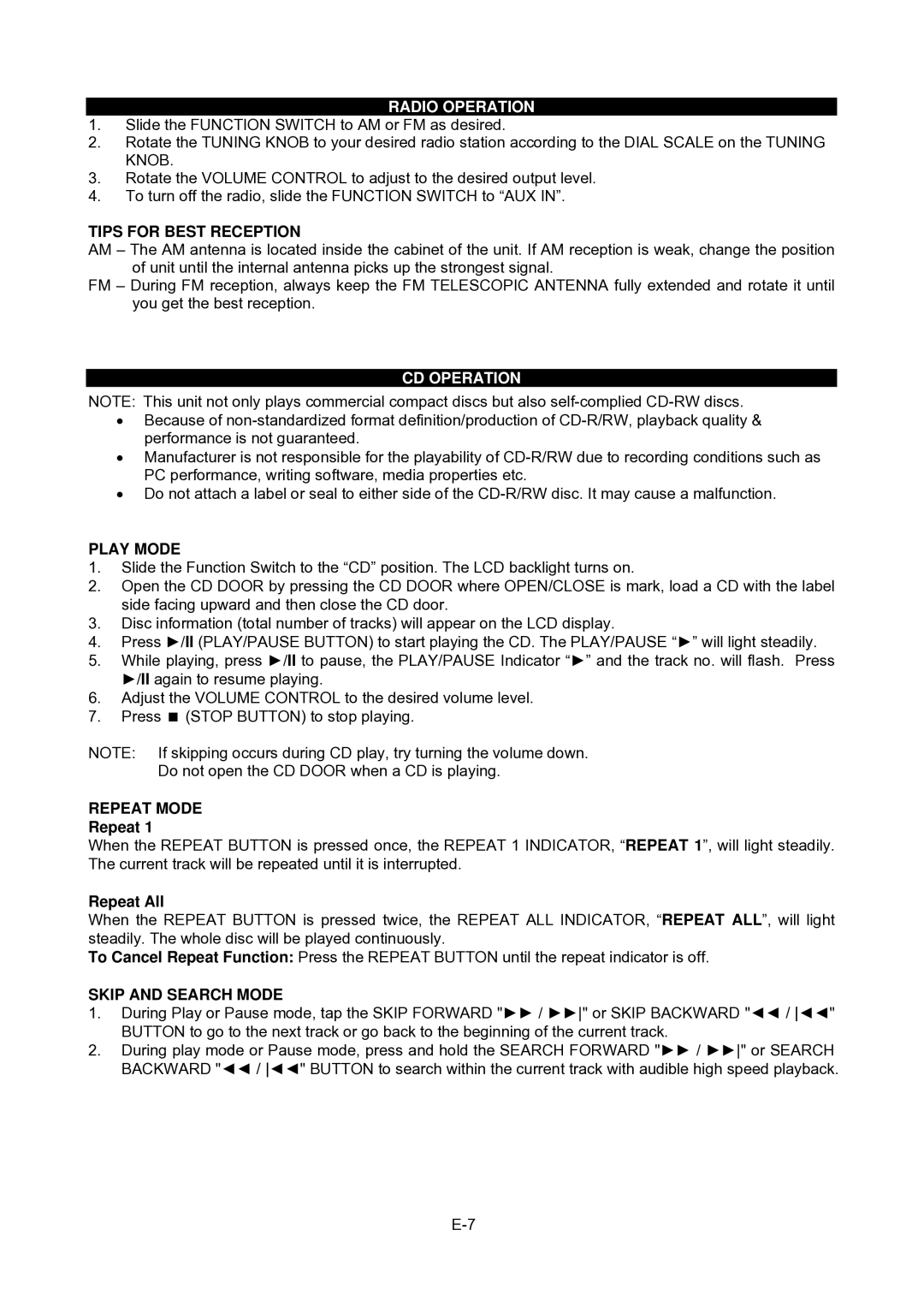 Jensen CD-480 user manual Radio Operation, CD Operation 