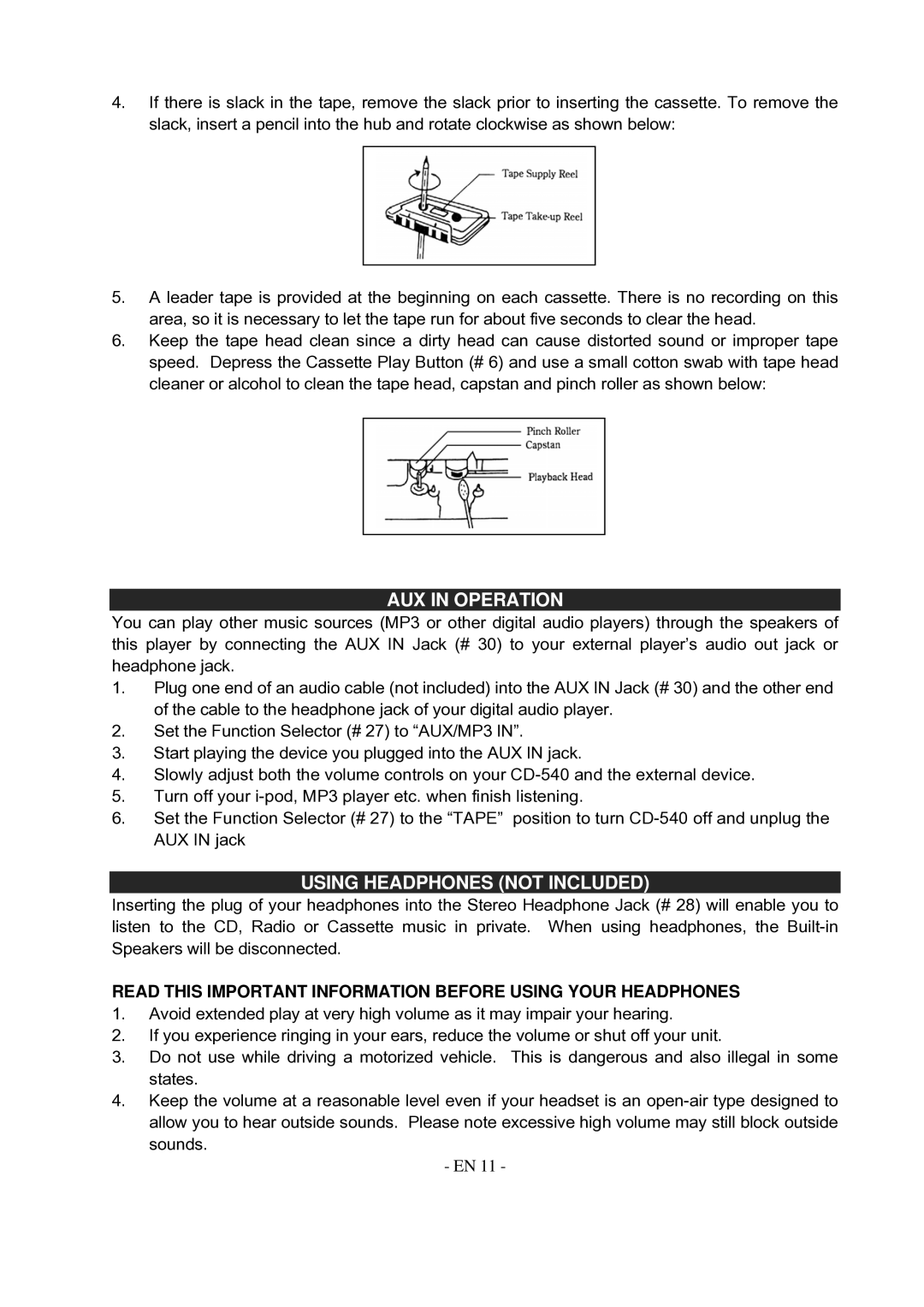 Jensen CD-540 instruction manual AUX in Operation, Using Headphones not Included 