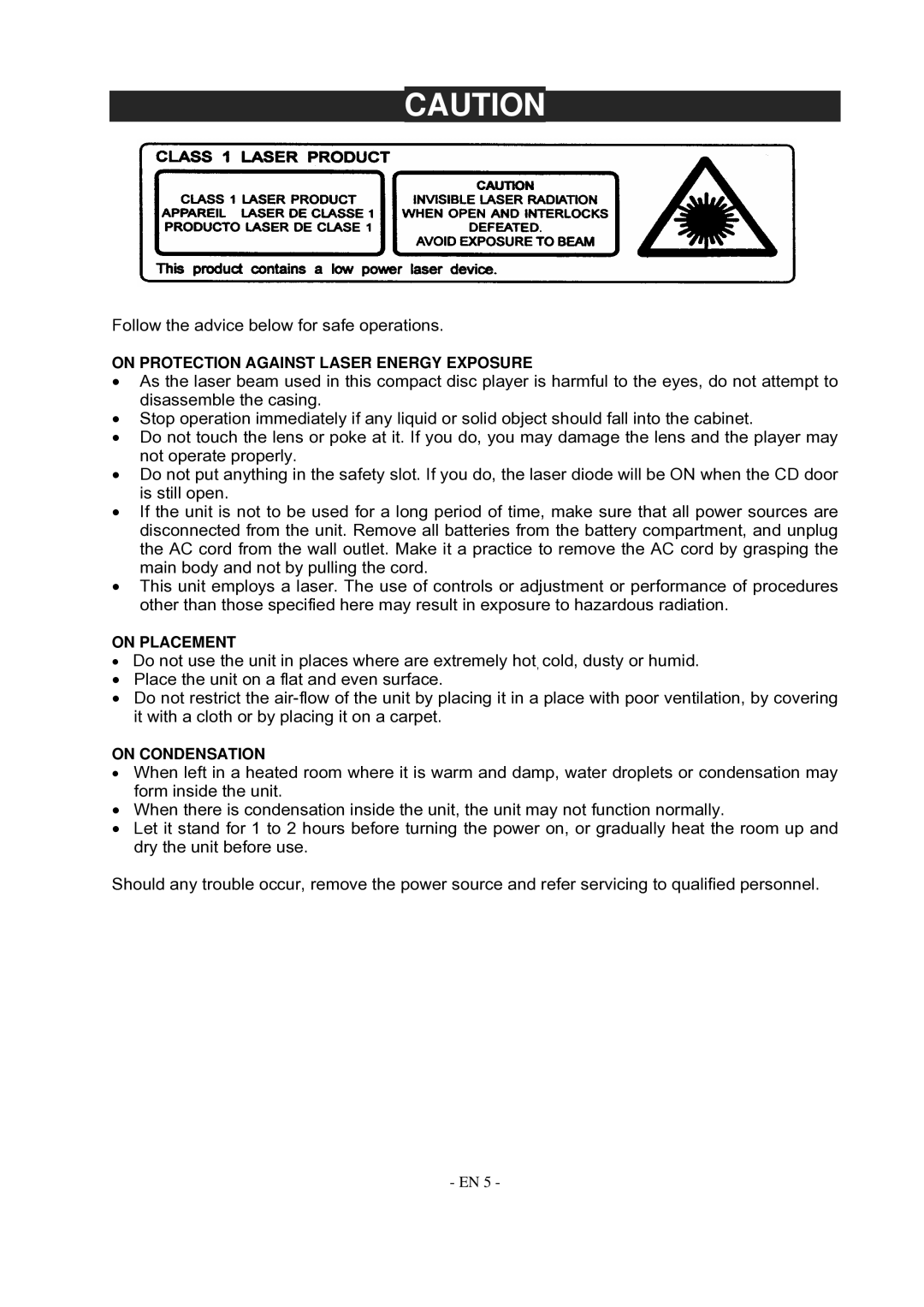 Jensen CD-540 instruction manual Follow the advice below for safe operations 