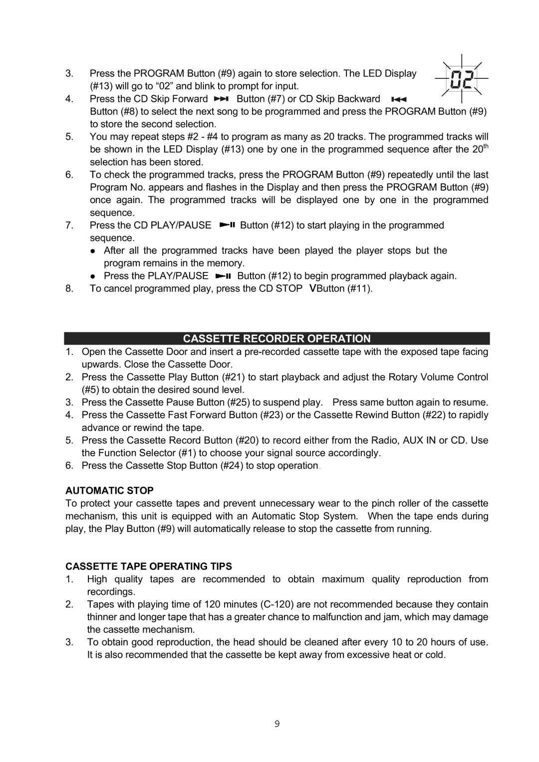 Jensen CD-545 instruction manual Cassette Recorder Operation, Automatic Stop, Cassette Tape Operating Tips 