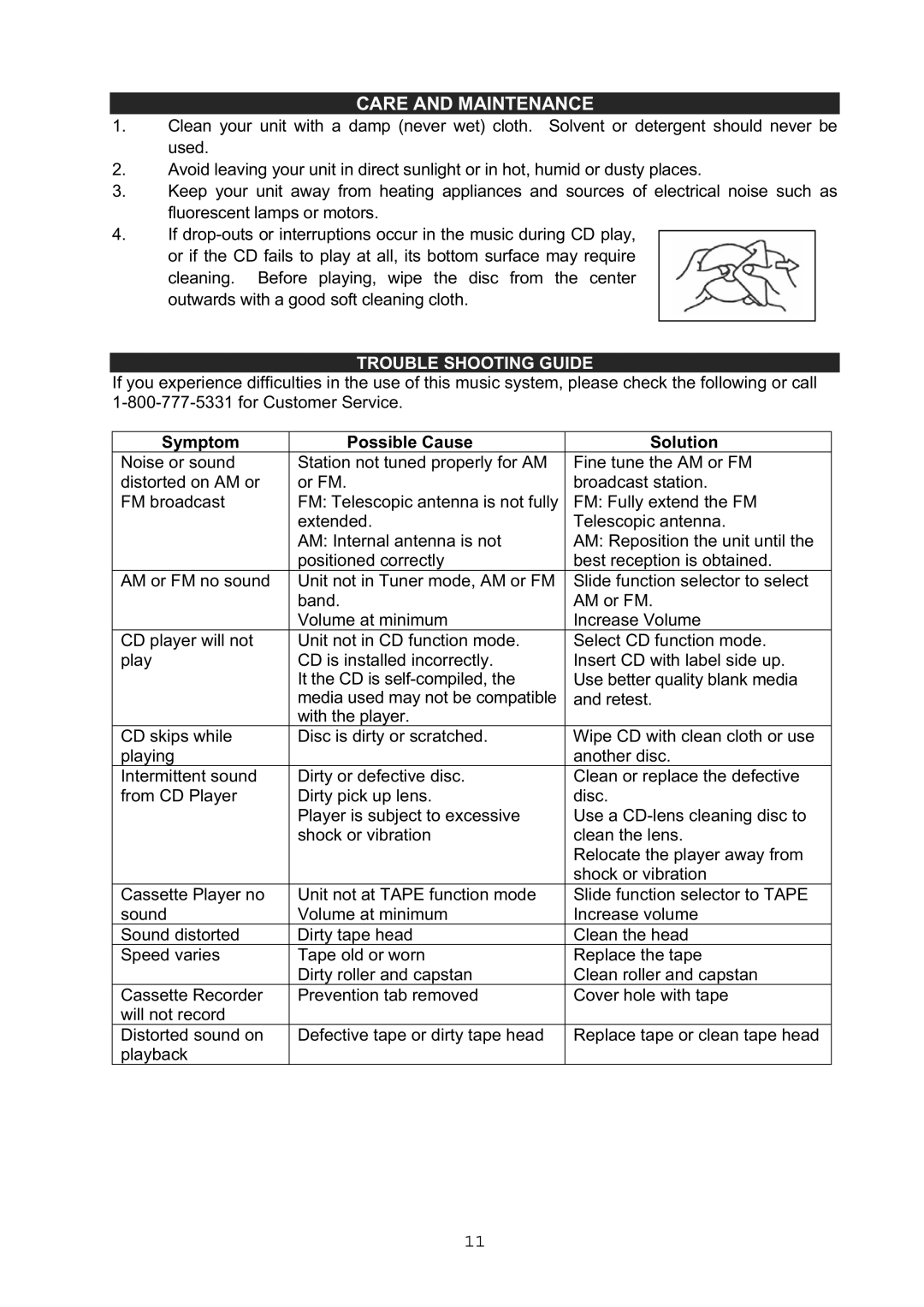 Jensen CD-545 instruction manual Care and Maintenance, Trouble Shooting Guide 