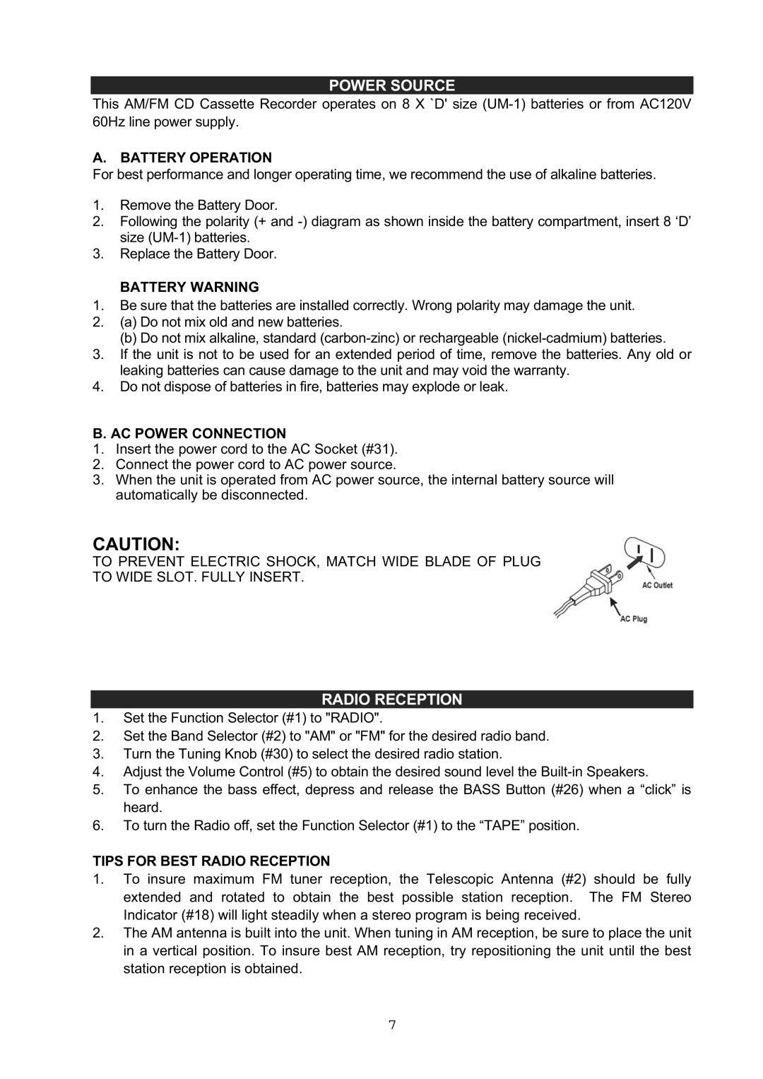 Jensen CD-545 instruction manual Power Source, Radio Reception 