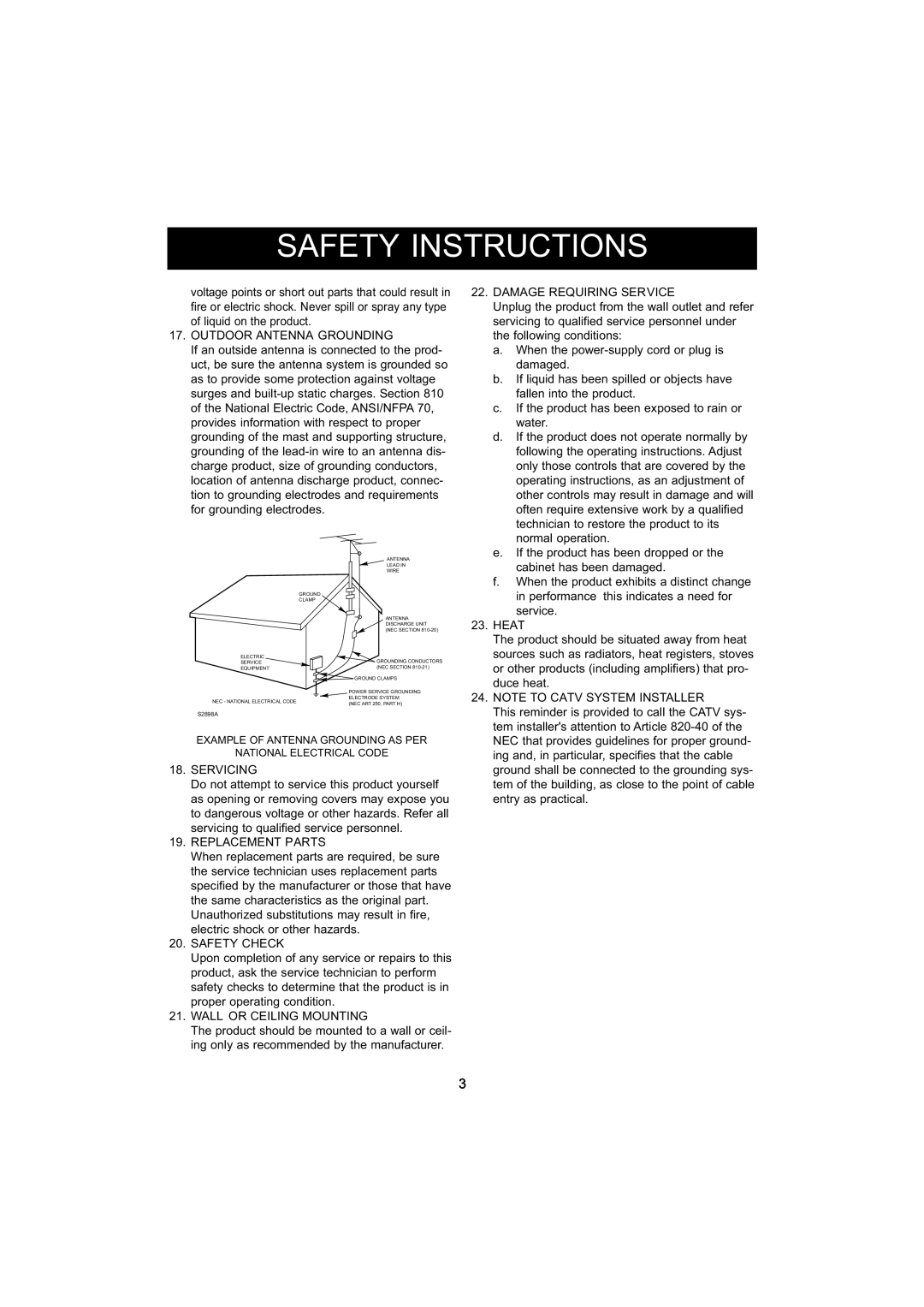 Jensen CD-545 instruction manual Safety Instructions, Outdoor Antenna Grounding 