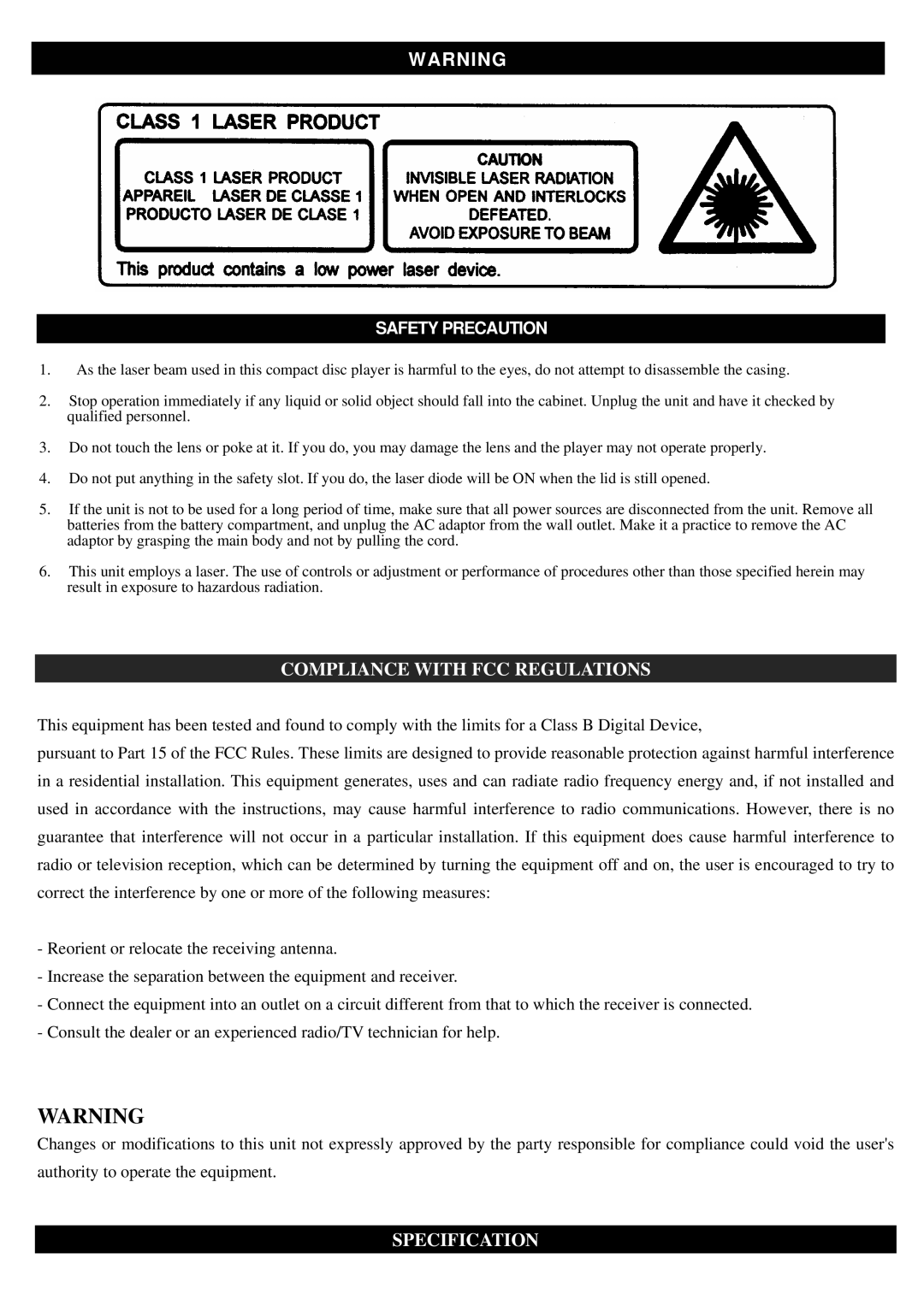 Jensen CD-600 operating instructions Compliance with FCC Regulations, Specification 