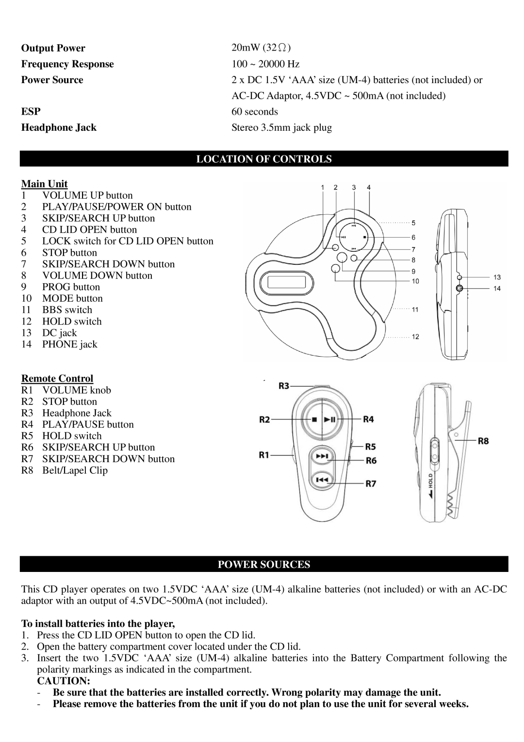 Jensen CD-600 operating instructions Esp, Location of Controls, Power Sources 