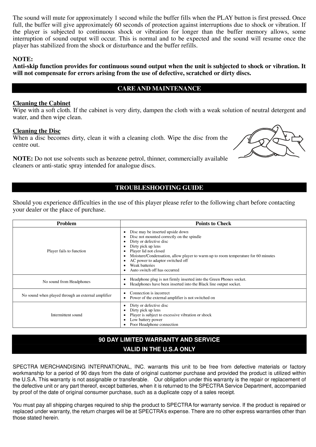 Jensen CD-600 operating instructions Care and Maintenance, Cleaning the Cabinet, Cleaning the Disc, Troubleshooting Guide 