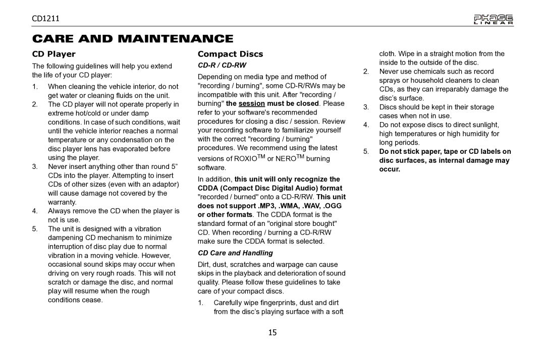 Jensen CD1211 owner manual Care and Maintenance, CD Player, Compact Discs, CD Care and Handling 