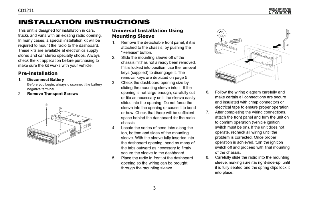 Jensen CD1211 owner manual Installation Instructions, Pre-installation, Universal Installation Using Mounting Sleeve 