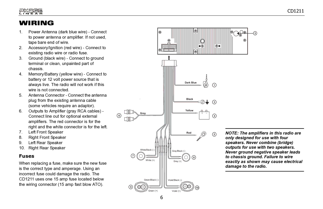 Jensen CD1211 owner manual Wiring, Fuses 