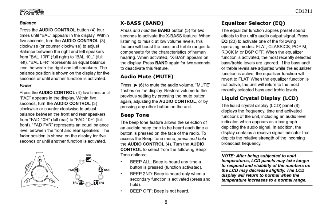 Jensen CD1211 owner manual Audio Mute Mute, Beep Tone, Equalizer Selector EQ, Liquid Crystal Display LCD 