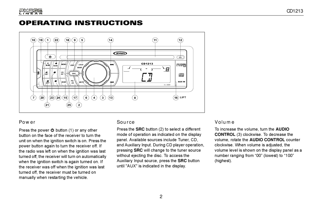 Jensen CD1213 owner manual Operating Instructions, Power, Source, Volume 