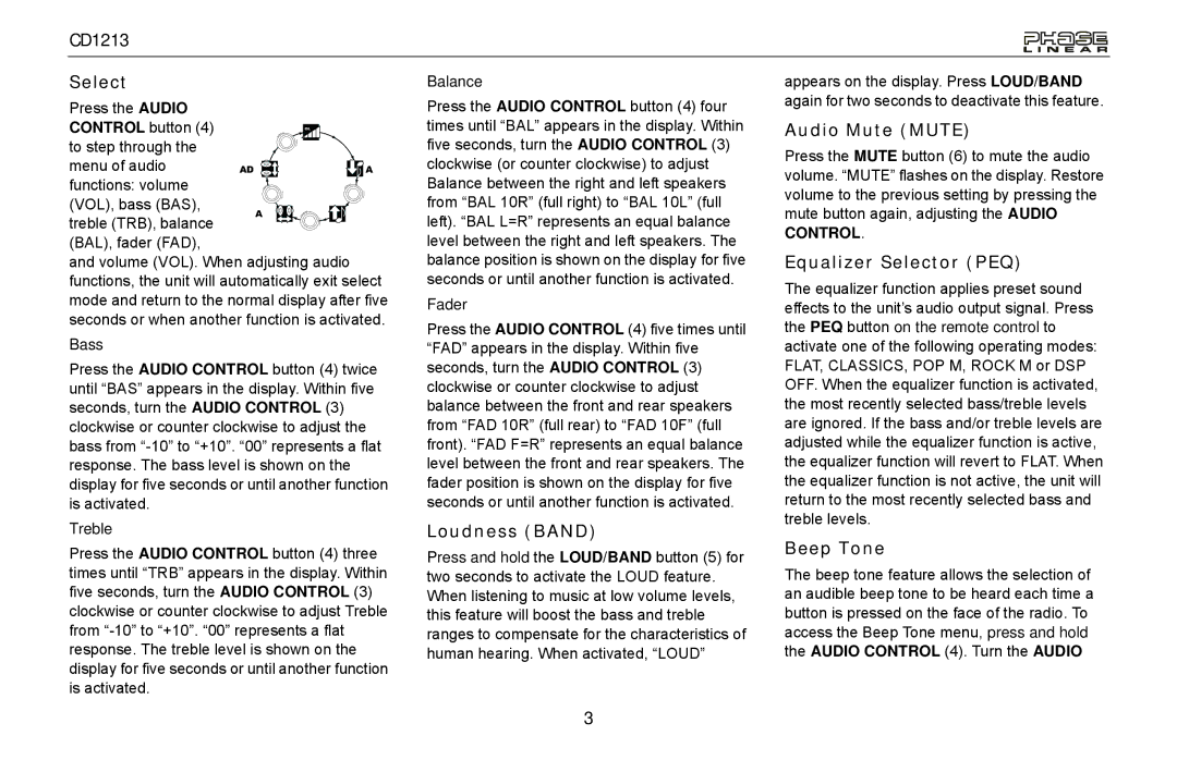 Jensen CD1213 owner manual Loudness Band, Audio Mute Mute, Equalizer Selector PEQ, Beep Tone 