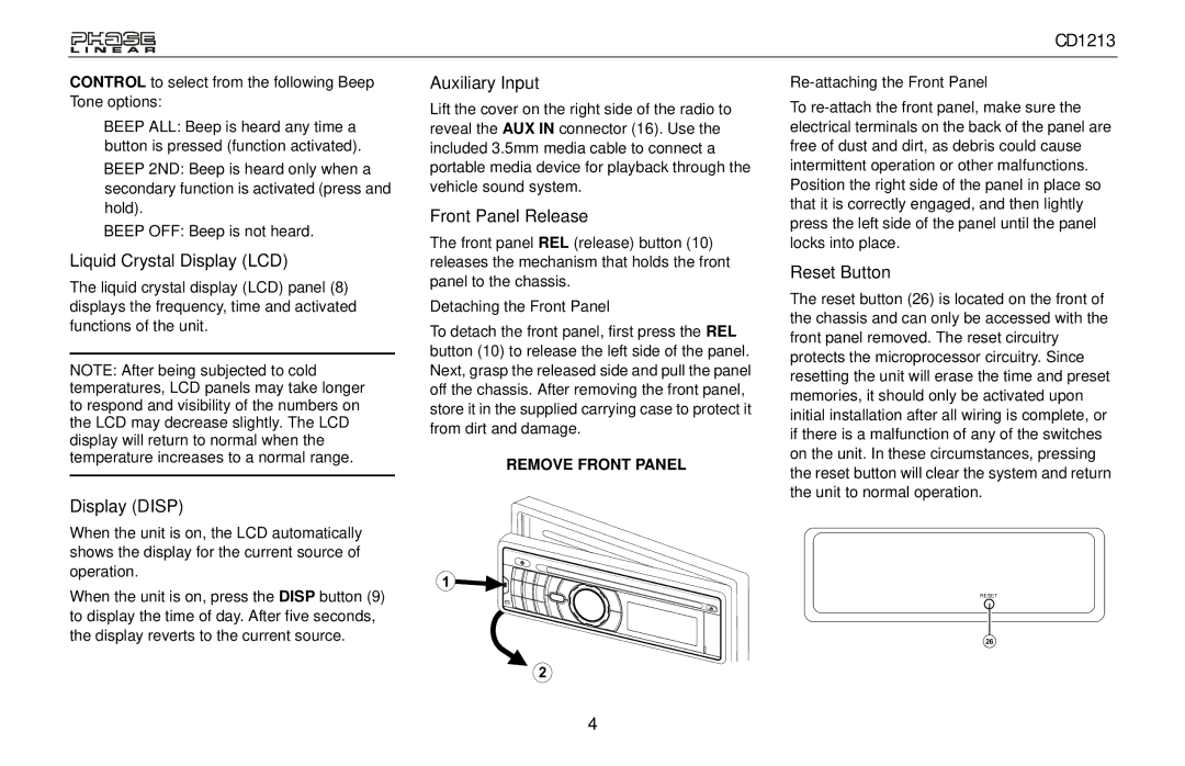 Jensen CD1213 owner manual Liquid Crystal Display LCD, Display Disp, Auxiliary Input, Front Panel Release, Reset Button 