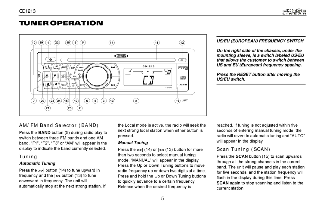 Jensen CD1213 owner manual Tuneroperation, AM/FM Band Selector Band, Scan Tuning Scan 