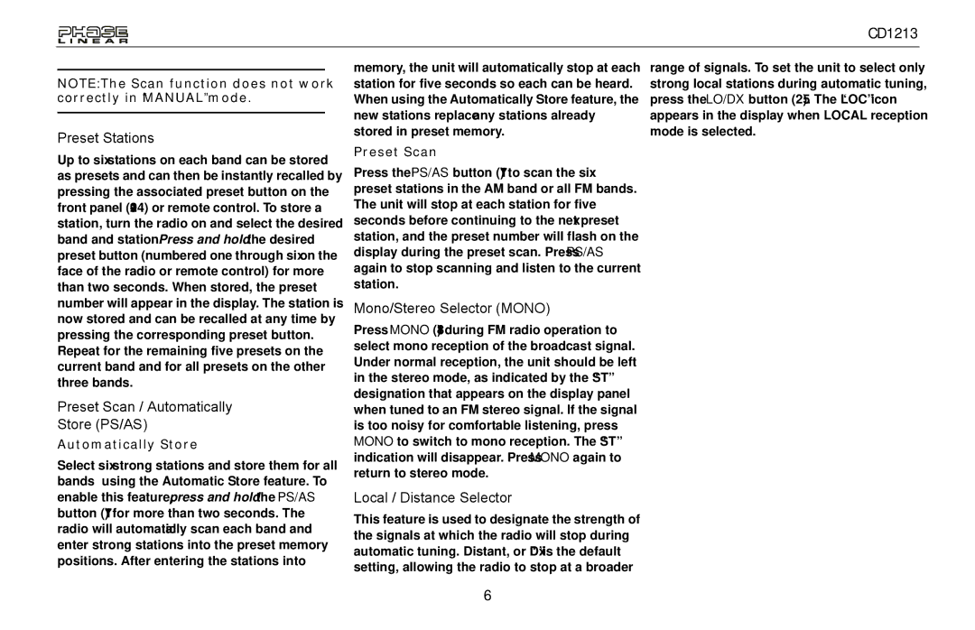 Jensen CD1213 owner manual Preset Stations, Preset Scan / Automatically Store PS/AS, Mono/Stereo Selector Mono 
