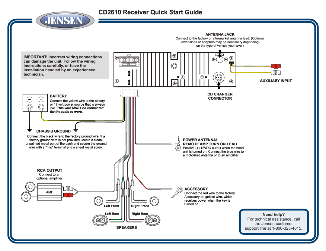 Jensen quick start CD2610 Receiver Quick Start Guide, Need help?, For technical assistance, call, Antenna Jack, Battery 