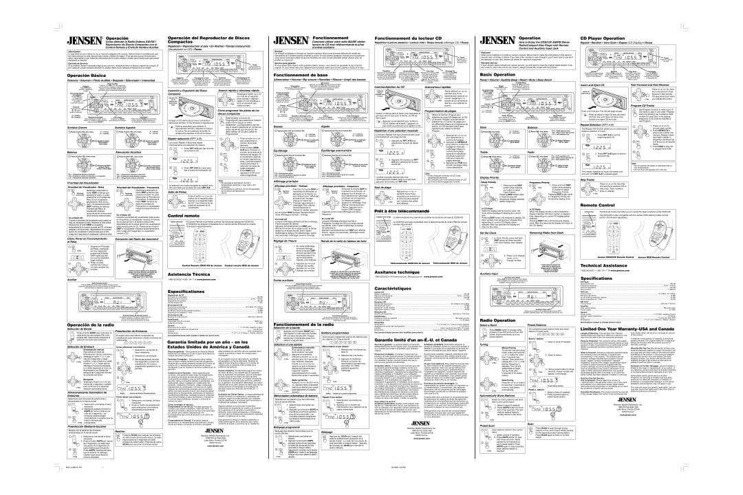 Jensen cd3010x specifications Operación Básica, Operación del Reproductor de Discos Compactos, Fonctionnement 