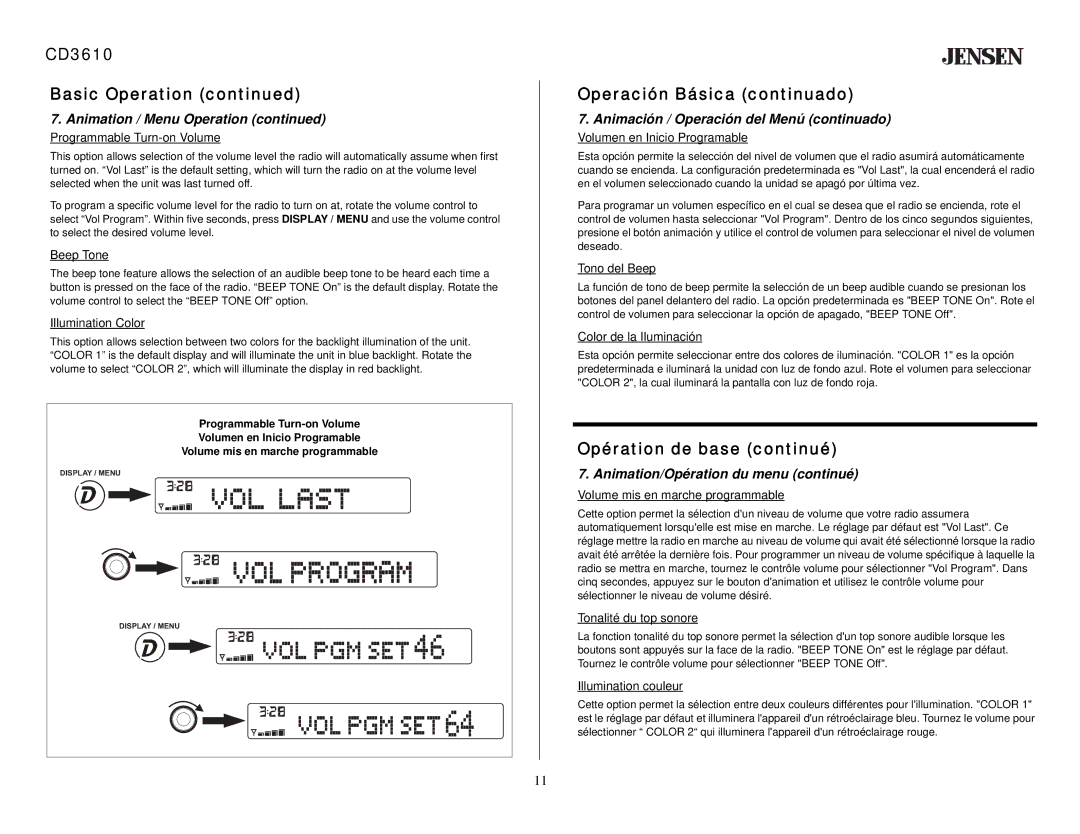 Jensen CD3610 Programmable Turn-on Volume, Beep Tone, Illumination Color, Volumen en Inicio Programable, Tono del Beep 