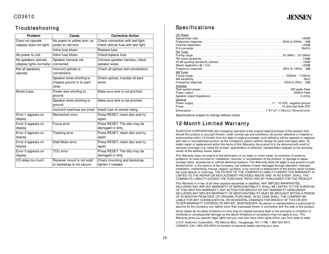 Jensen owner manual CD3610 Troubleshooting, Specifications, Month Limited Warranty 