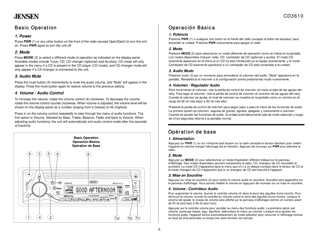 Jensen owner manual Basic Operation, CD3610 Operación Básica, Opération de base 