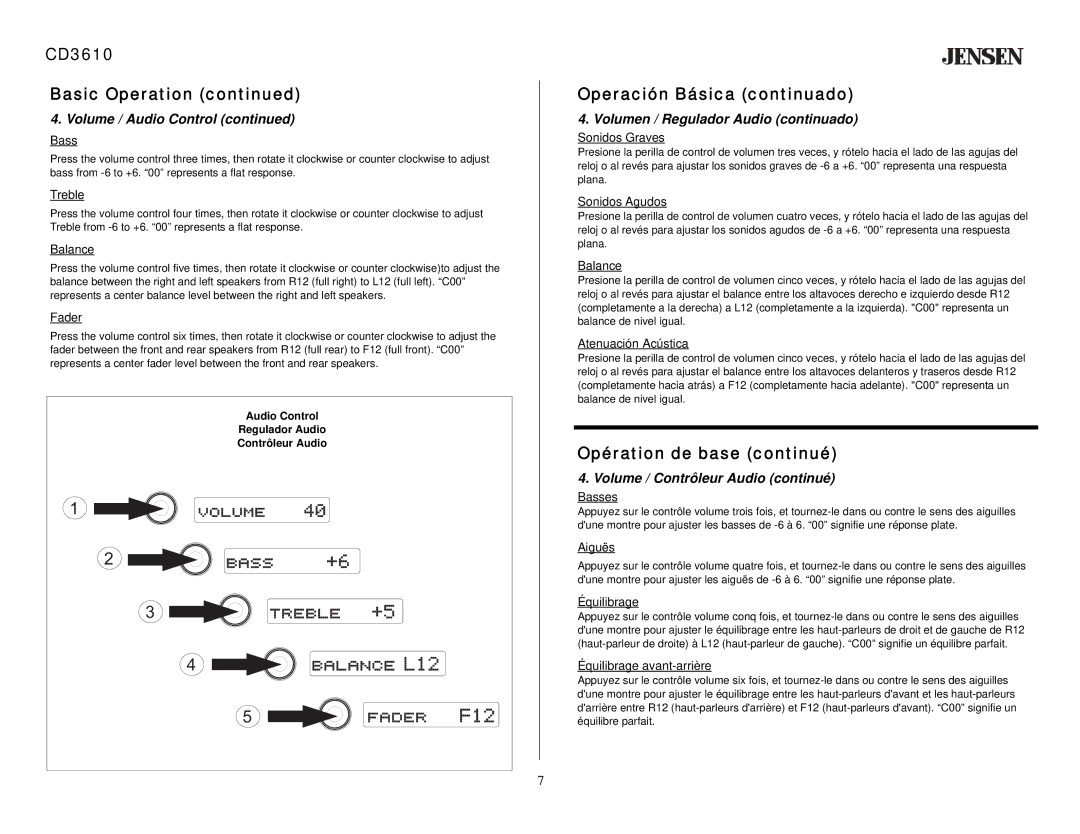 Jensen owner manual CD3610 Basic Operation, Operación Básica continuado, Opération de base continué 