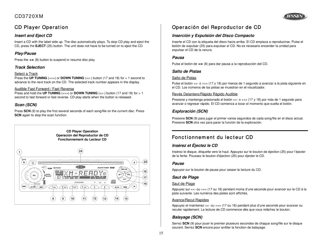 Jensen owner manual CD3720XM CD Player Operation, Operación del Reproductor de CD, Fonctionnement du lecteur CD 