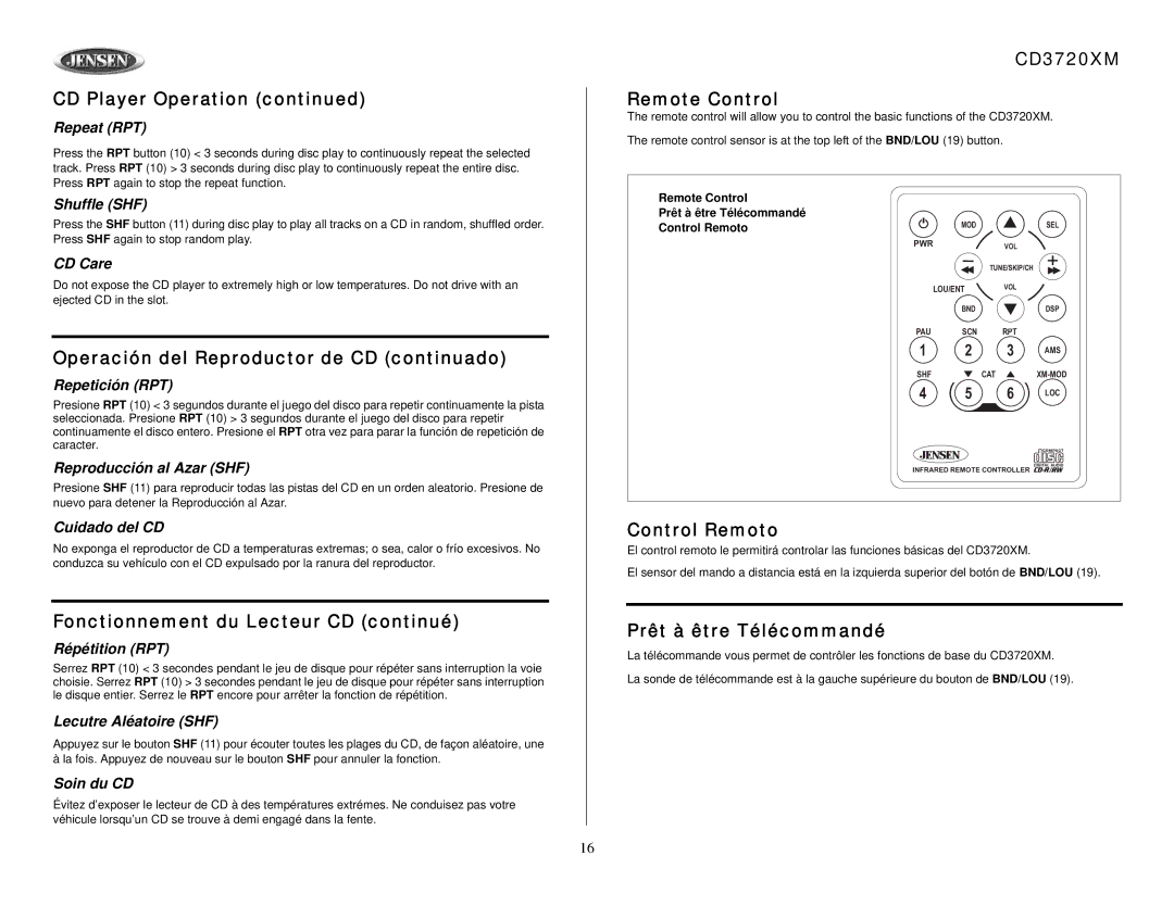 Jensen Operación del Reproductor de CD continuado, Fonctionnement du Lecteur CD continué, CD3720XM Remote Control 