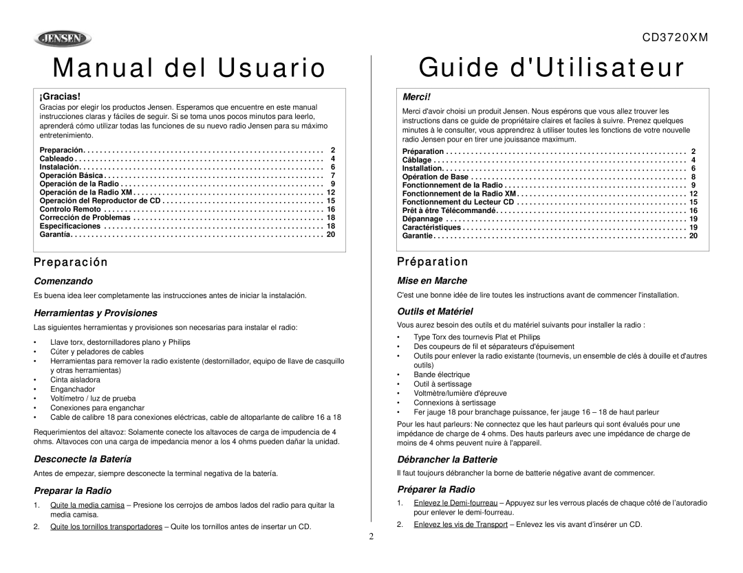 Jensen CD3720XM owner manual Preparación, Préparation 