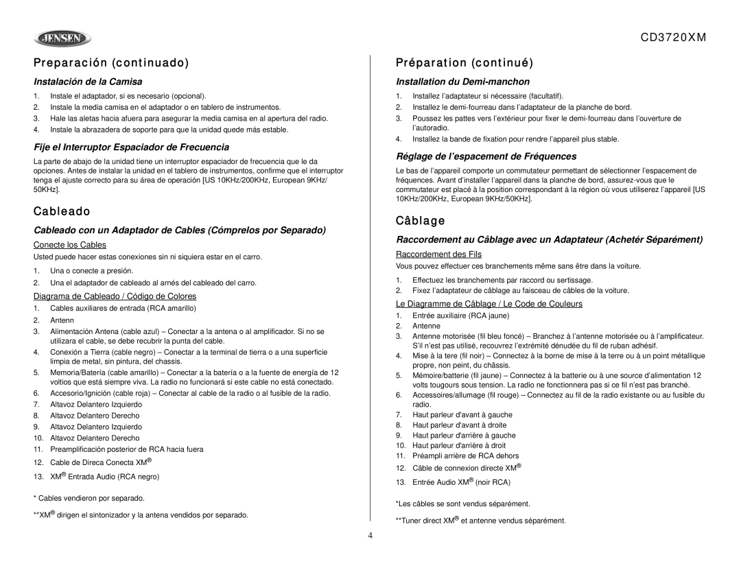 Jensen owner manual Preparación continuado, Cableado, CD3720XM Préparation continué, Câblage 