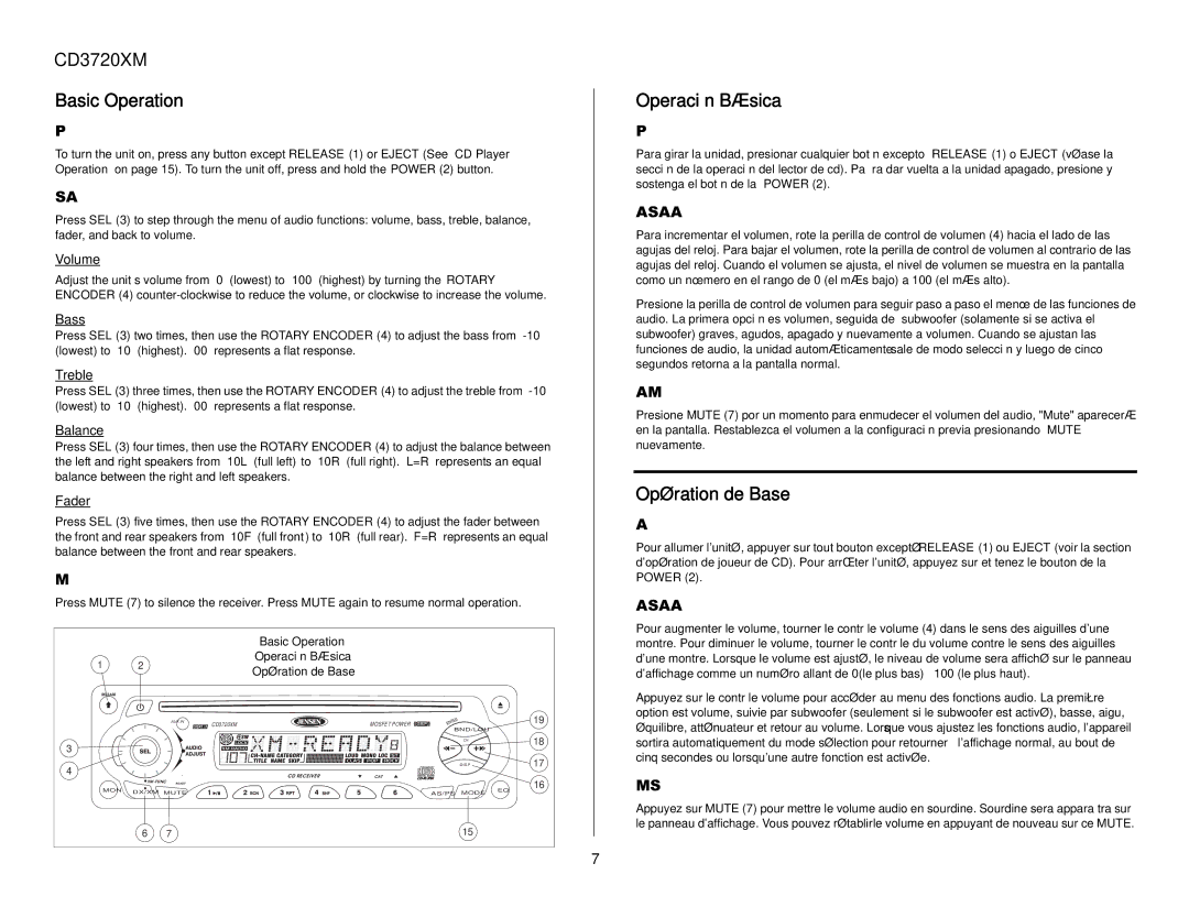 Jensen owner manual CD3720XM Basic Operation, Operación Básica, Opération de Base 