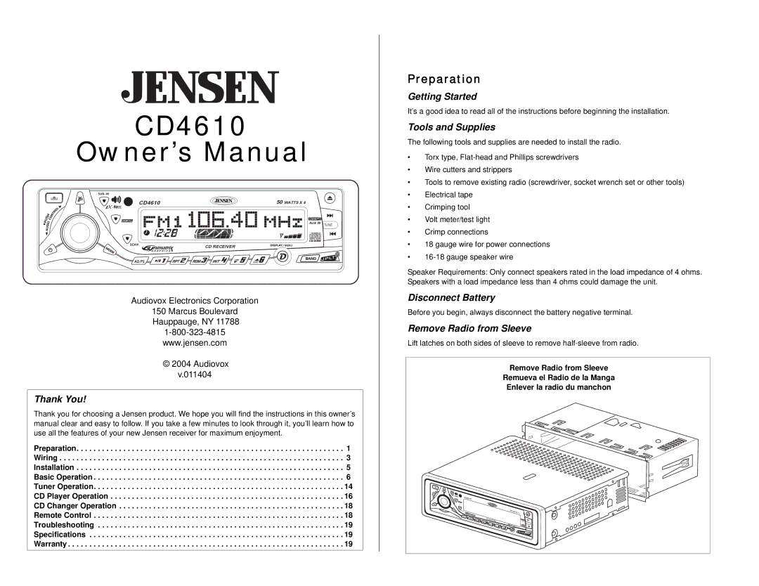 Jensen CD4610 owner manual Preparation 