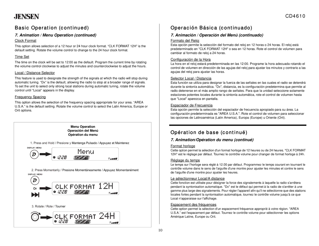 Jensen CD4610 owner manual Animación / Operación del Menú continuado, Animation/Opération du menu continué 